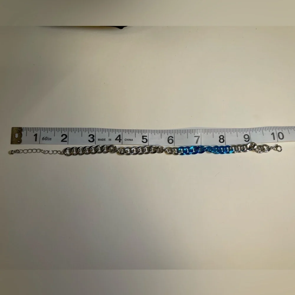 Men’s Silver and Blue Tone Cuban Chain Link Bracelet 8” with 2” Extension